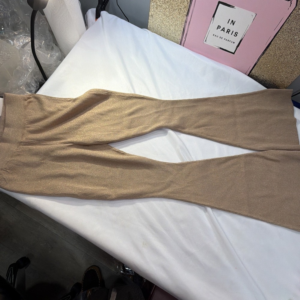 NEW Gold Kick-It Ribbed High Waisted Super‎ Flare Pants Stretch Flattering Large